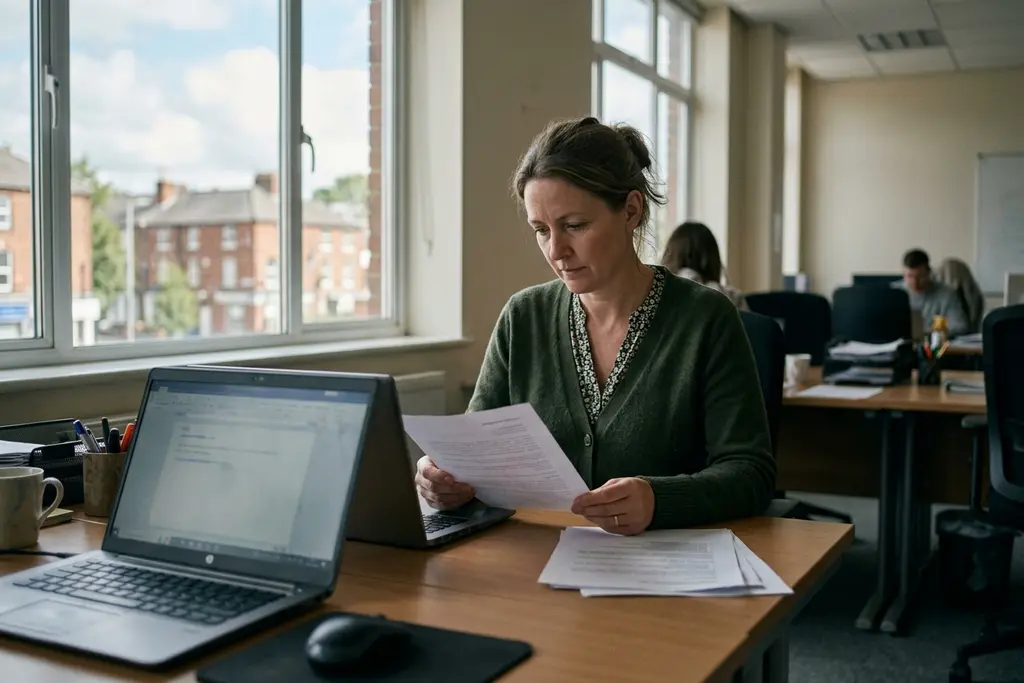 Hiring manager reviewing applications for a vacancy in a UK office
