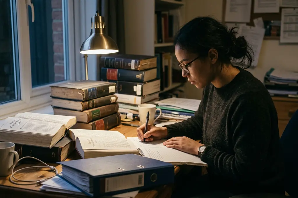 Professional studying for a chartership assessment at a desk of textbooks