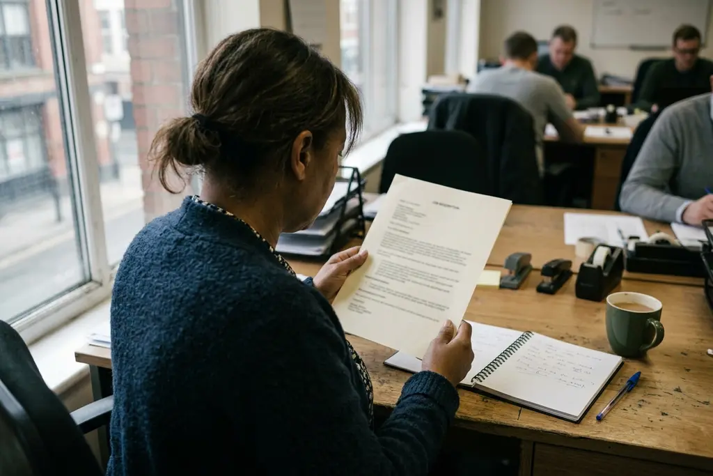 Job seeker reading a printed job advert beside a notepad of questions