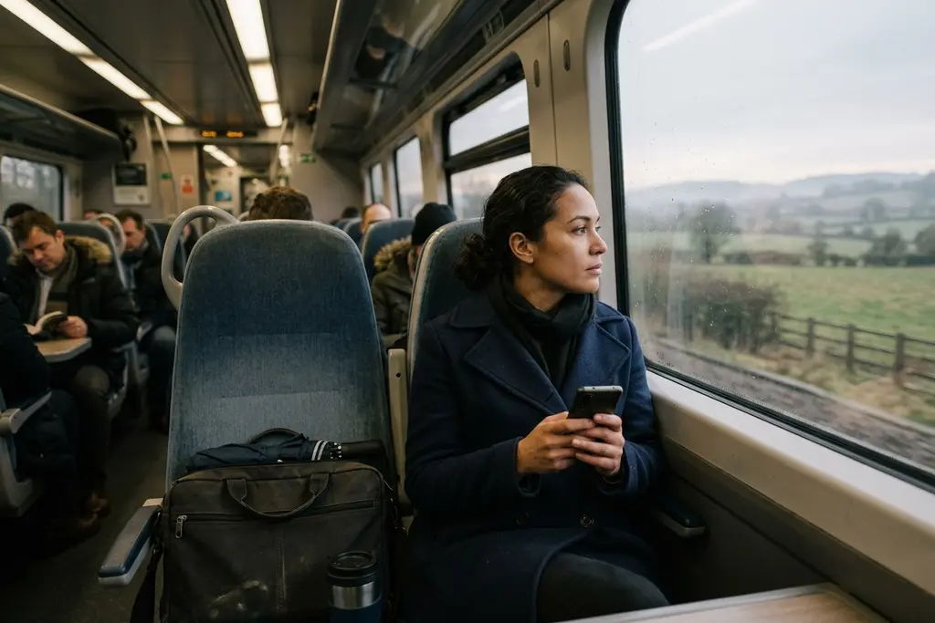 Commuter on a UK train reading a job advert on a phone