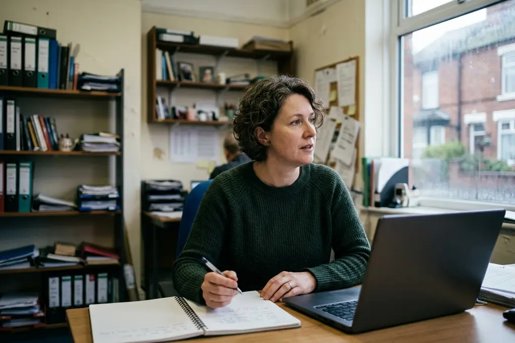 Manager writing a job description at a desk in a small UK business