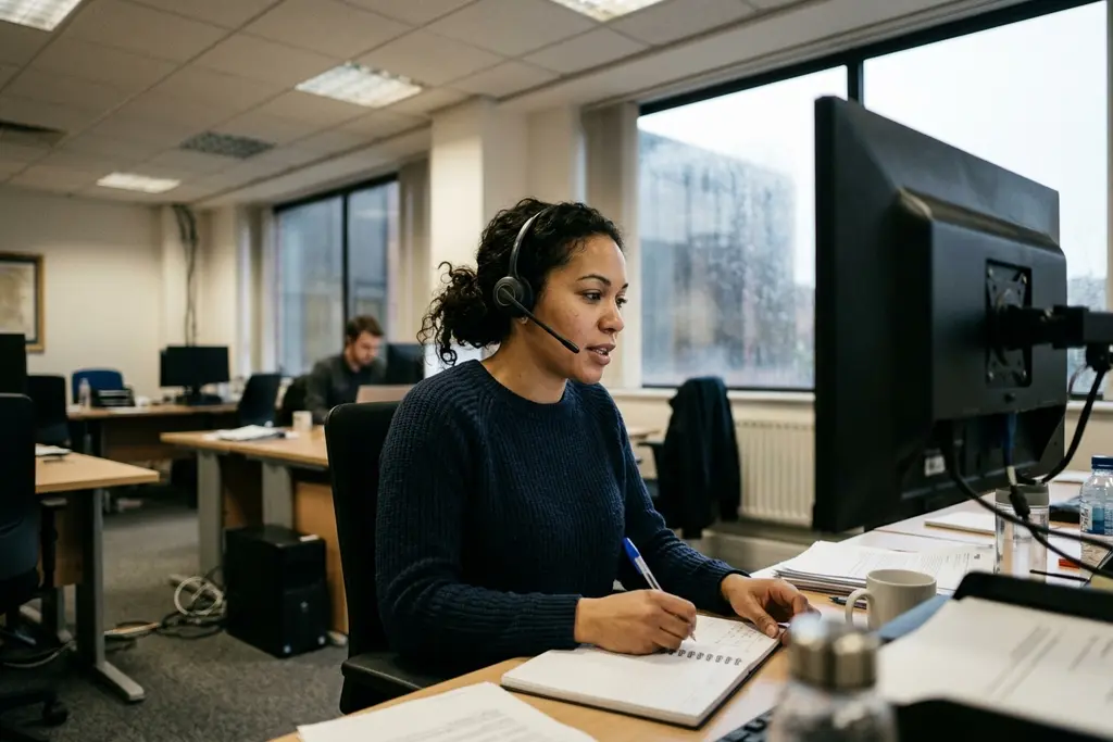 Business development manager on a sales call at a desk with an open notepad