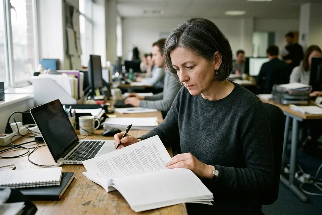 Commercial manager working through a contract at a desk in a UK office