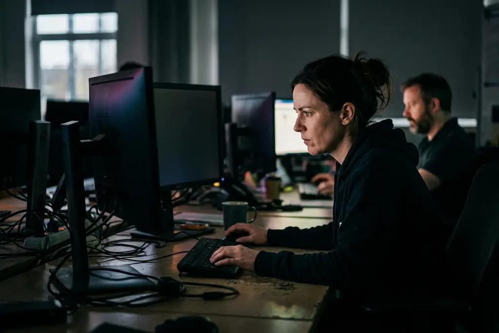 Cyber security analyst monitoring systems at a multi-screen desk in the UK