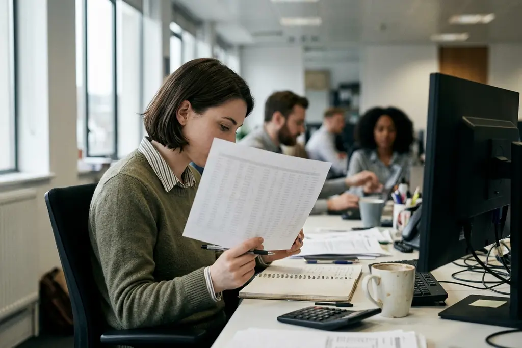 Finance analyst building a forecasting model at a two-screen desk