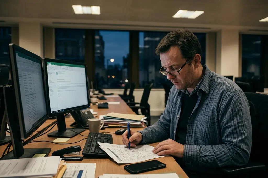 Finance manager working through month-end reporting at a desk in a UK office