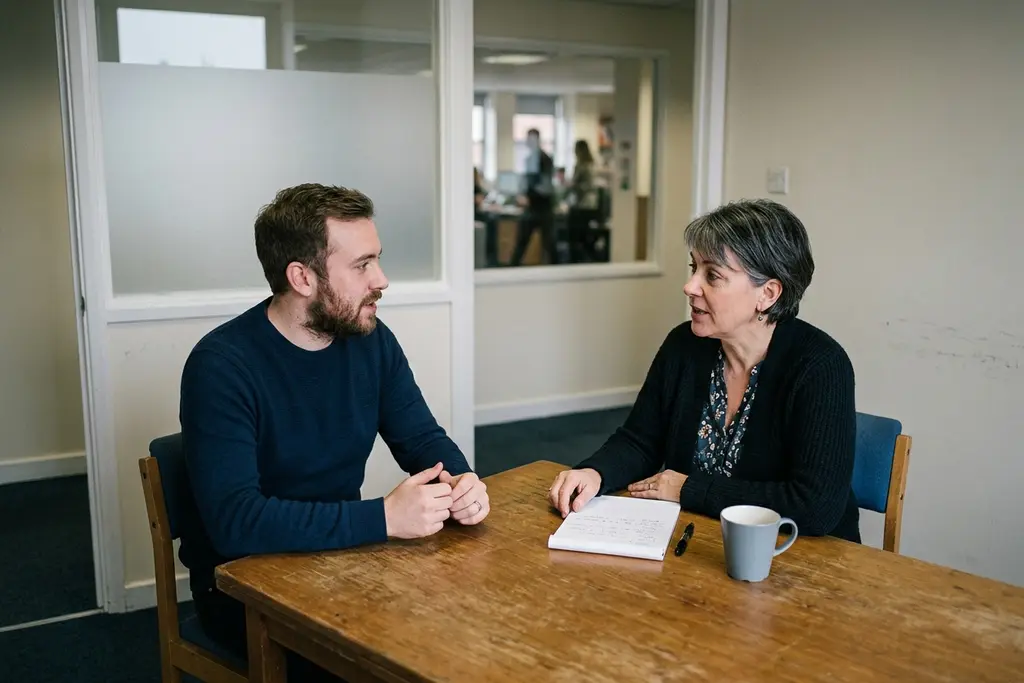 HR manager in a one-to-one meeting in a small UK office room