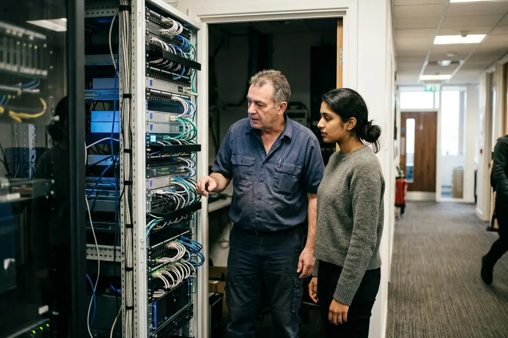 IT manager and engineer working at a server rack in a UK office