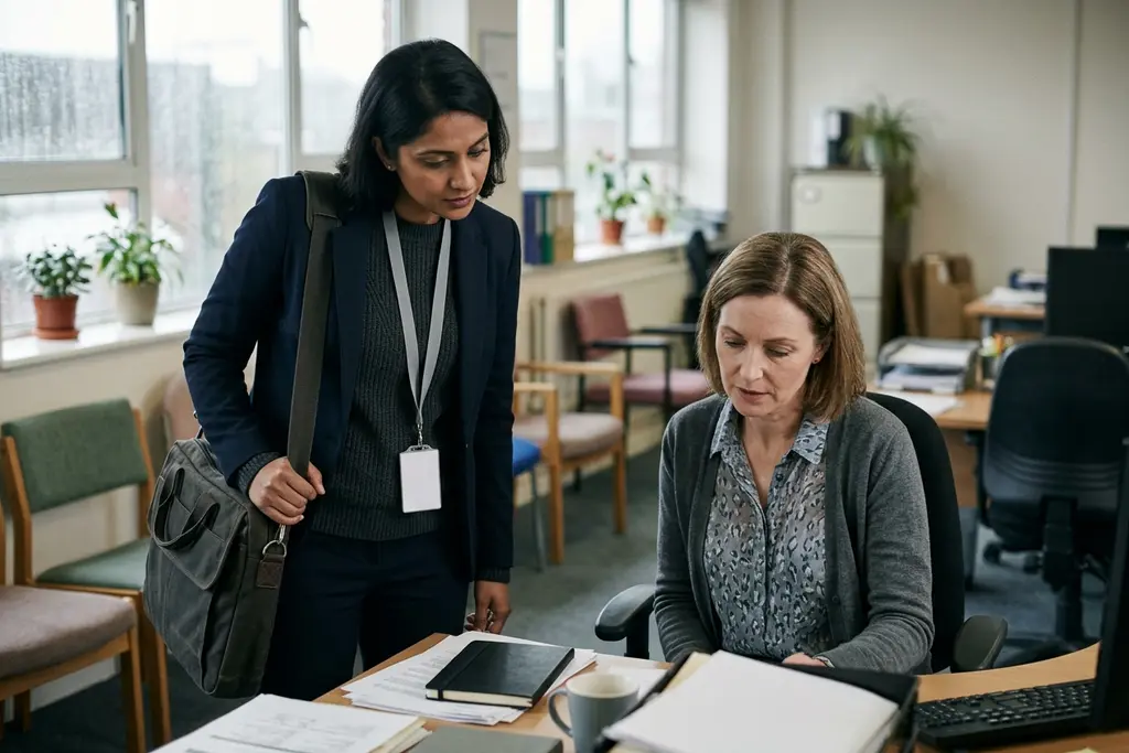 Management consultant working on site with a client team in a UK office