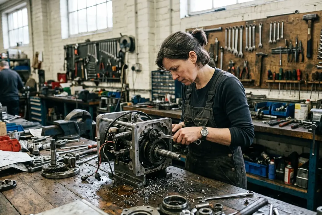 Mechanical engineer working on a machine assembly in a UK workshop