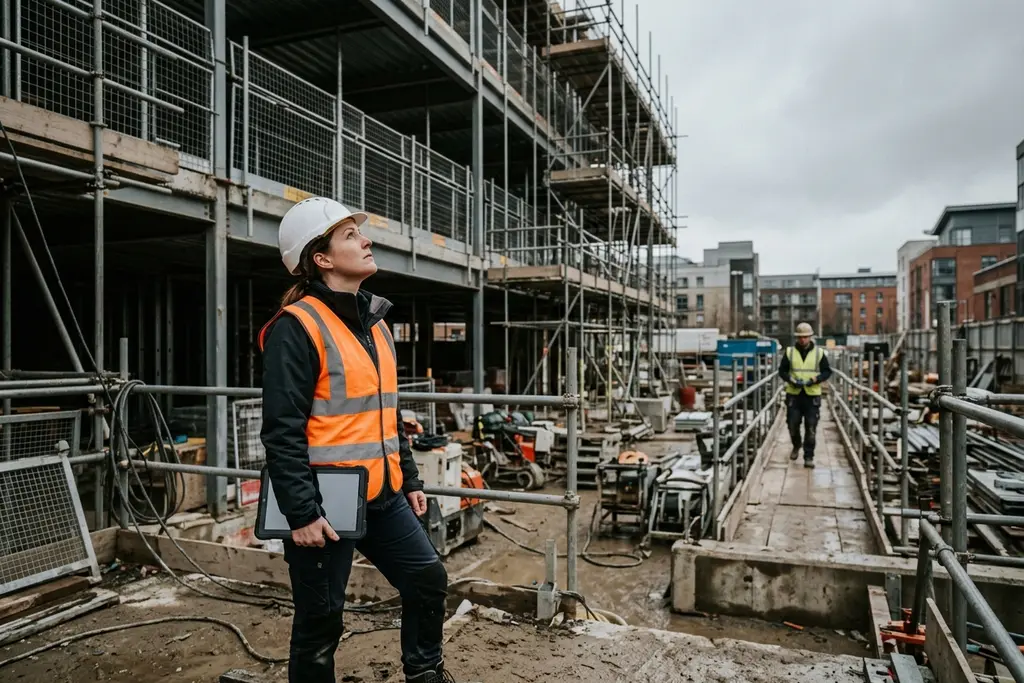 Quantity surveyor measuring completed works on a UK construction site