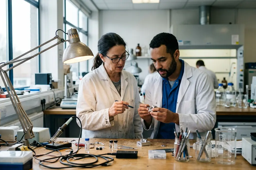 Research and development manager reviewing a prototype with a scientist in a UK lab