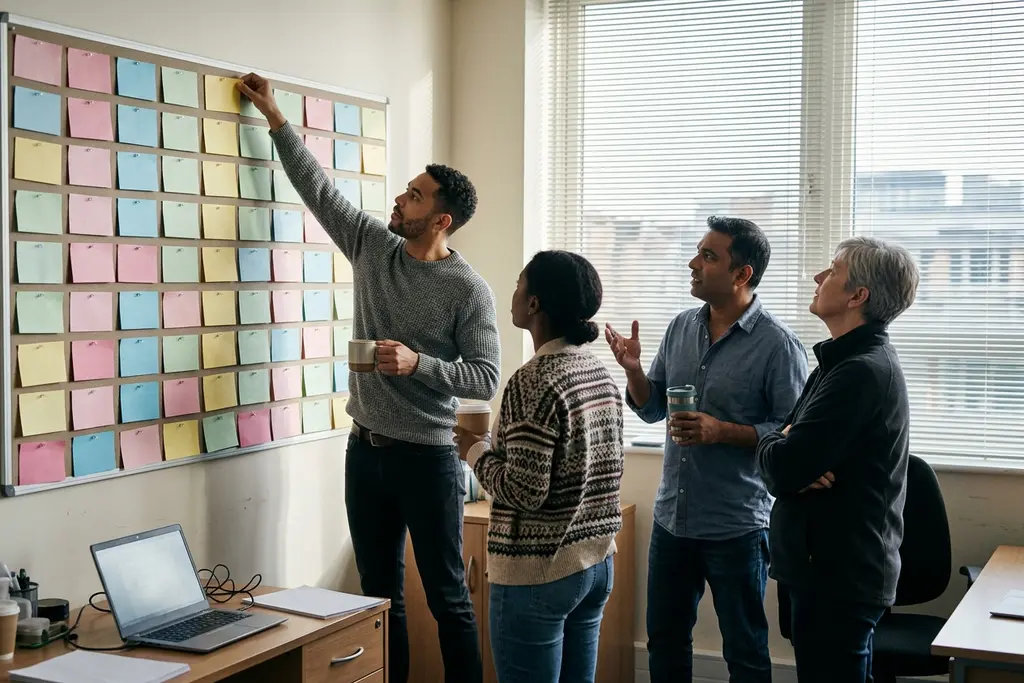 Project team at a stand-up meeting around a planning wall in a UK office